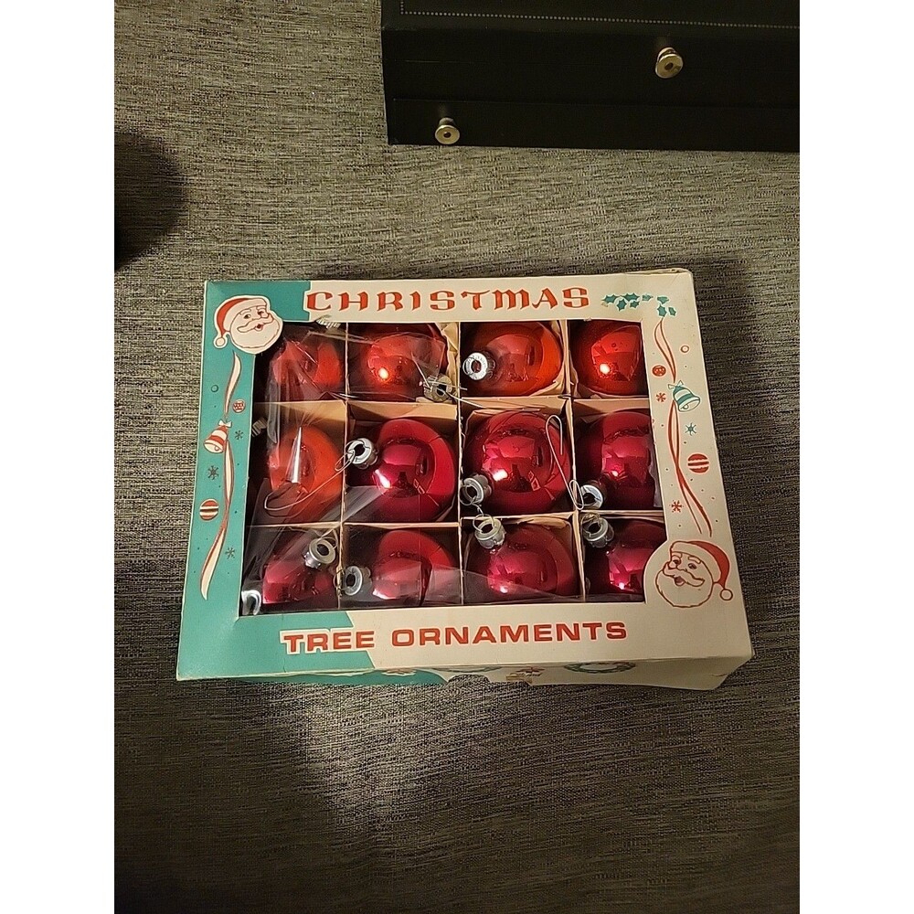 Vtg Red Poland & Shiny Brite RedGlass Christmas Ornaments Original Box - MCM 2"